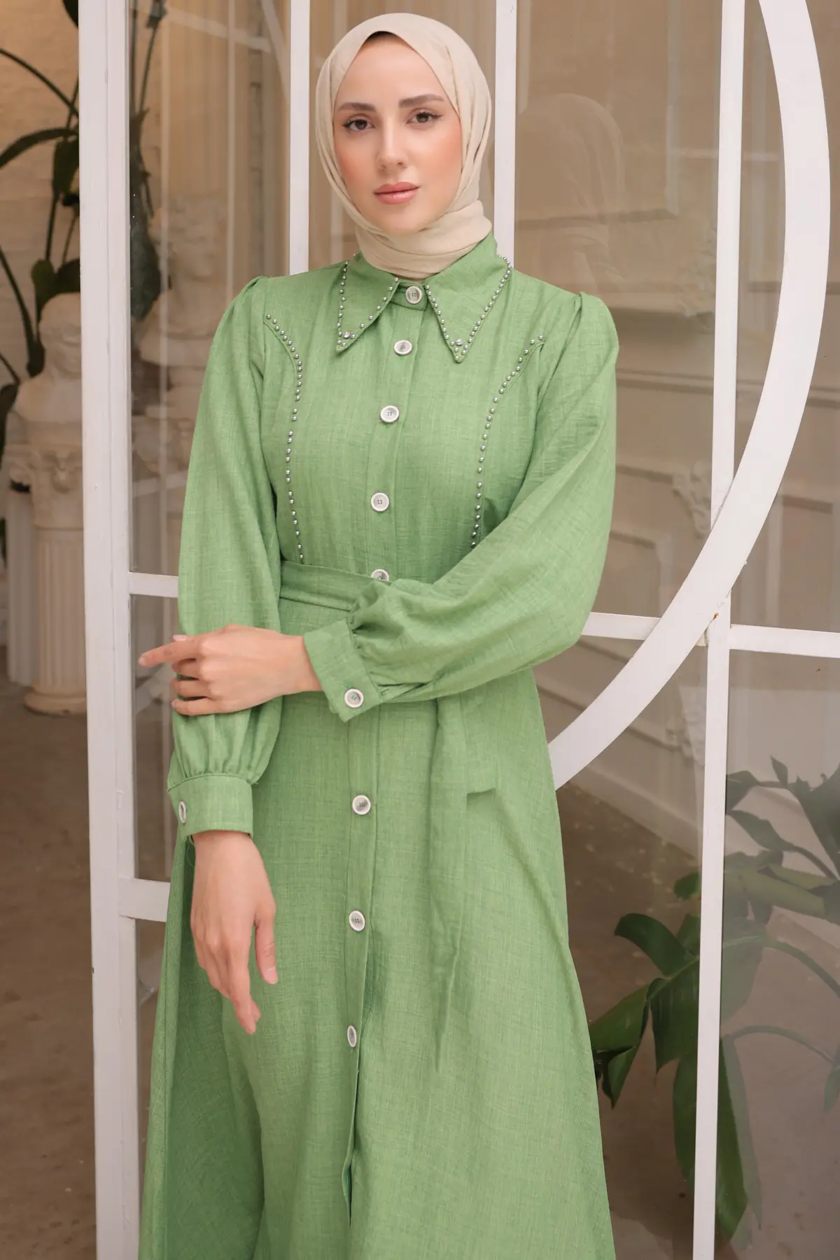 Kadın Boncuk Detaylı Elbise 6809 Yeşil-detail