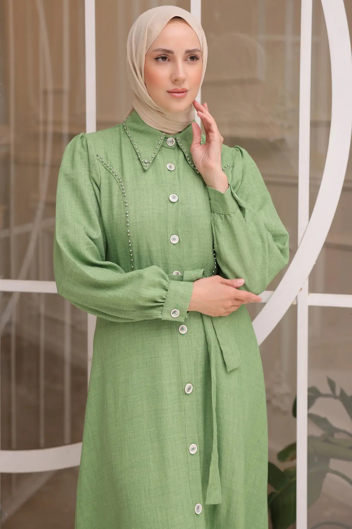 Kadın Boncuk Detaylı Elbise 6809 Yeşil-detail