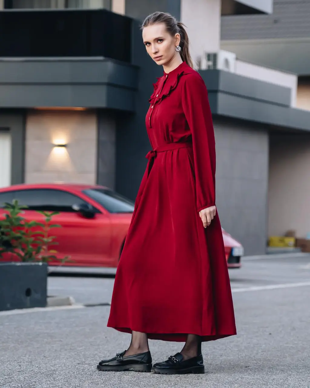 Kadın Bordo Önü Düğmeli Kuşaklı Yakası Fırfırlı Jessica Ayrobin Elbise Şık-detail