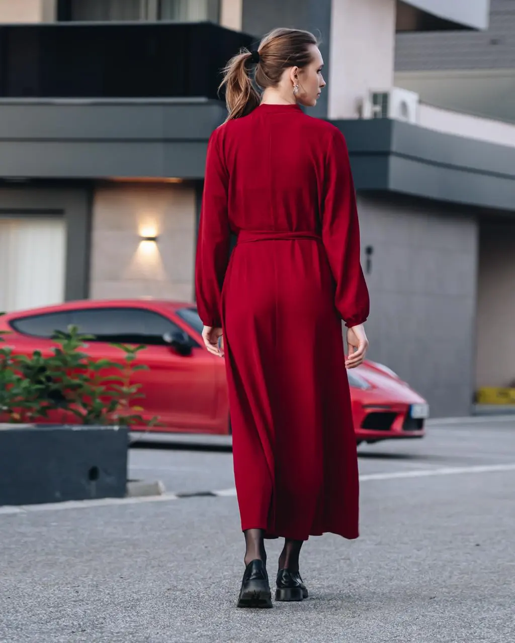 Kadın Bordo Önü Düğmeli Kuşaklı Yakası Fırfırlı Jessica Ayrobin Elbise Şık-detail