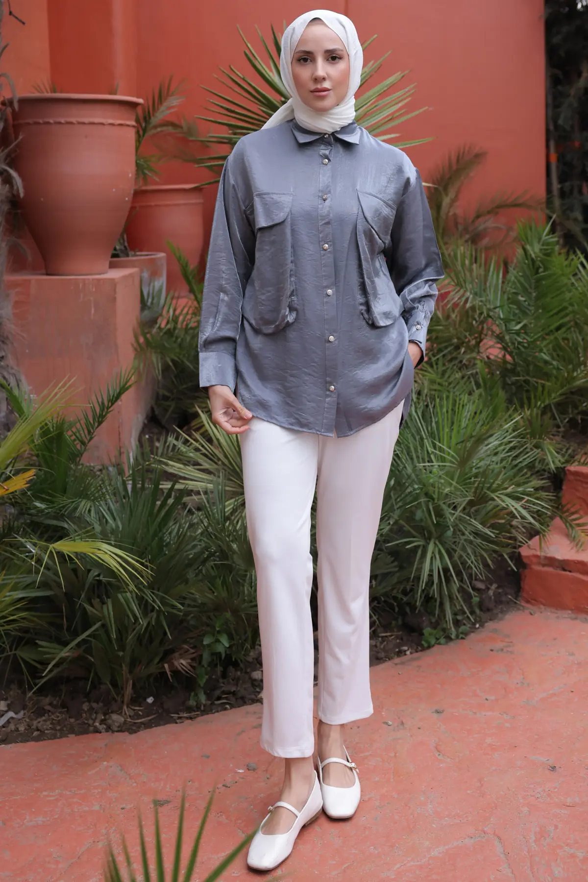 Kadın Büyük Cep Detaylı Gömlek 2081 Gri-detail