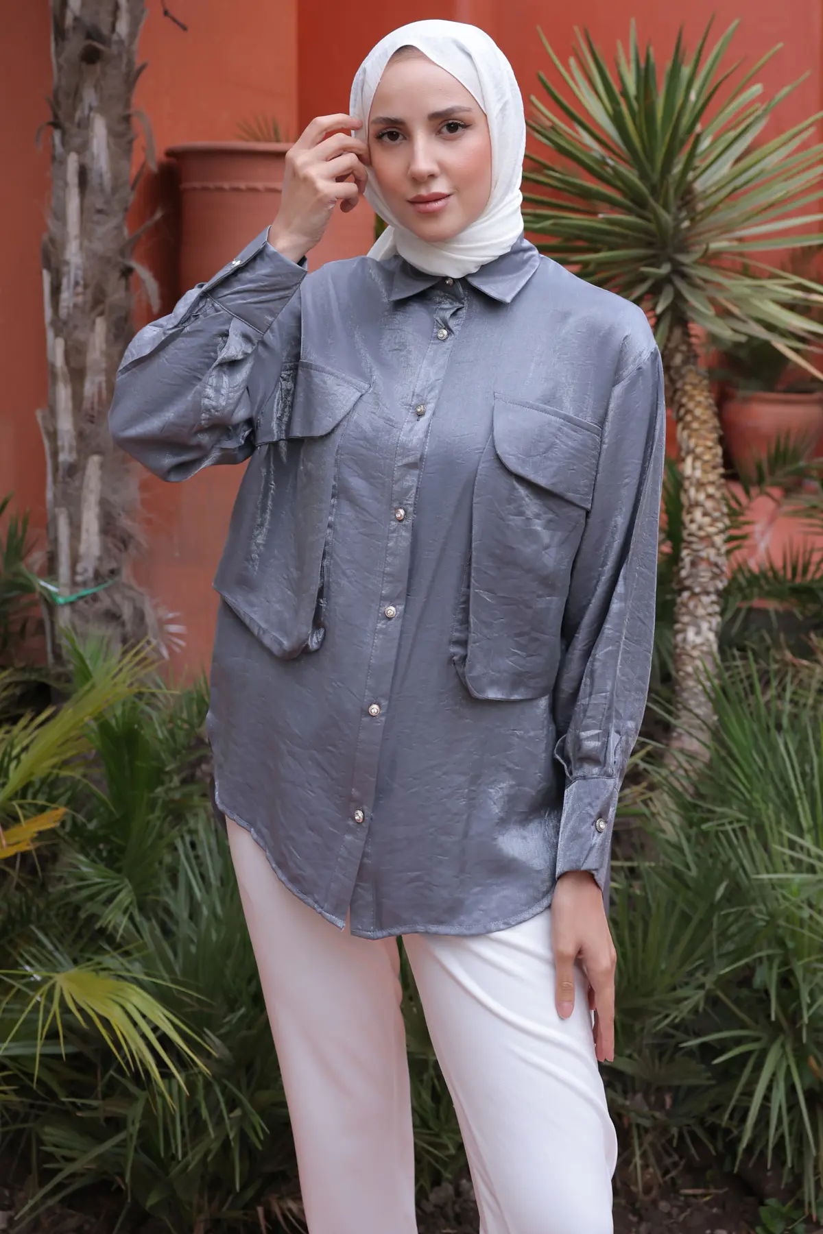 Kadın Büyük Cep Detaylı Gömlek 2081 Gri-detail