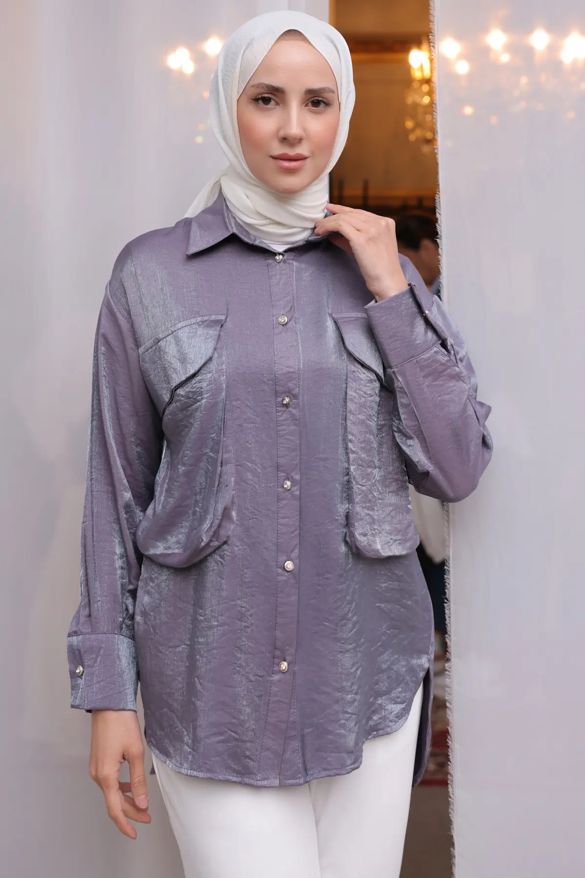 Kadın Büyük Cep Detaylı Gömlek 2081 Mor-detail