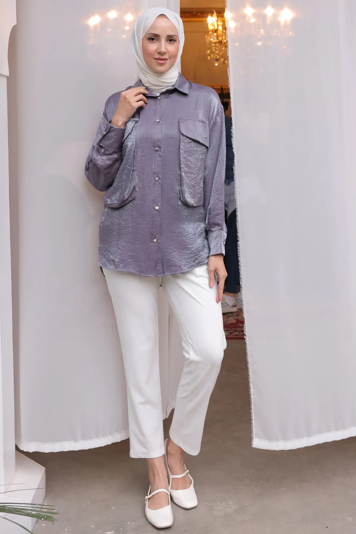 Kadın Büyük Cep Detaylı Gömlek 2081 Mor-detail