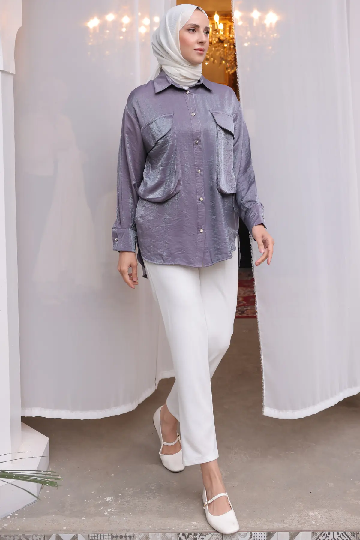 Kadın Büyük Cep Detaylı Gömlek 2081 Mor-detail