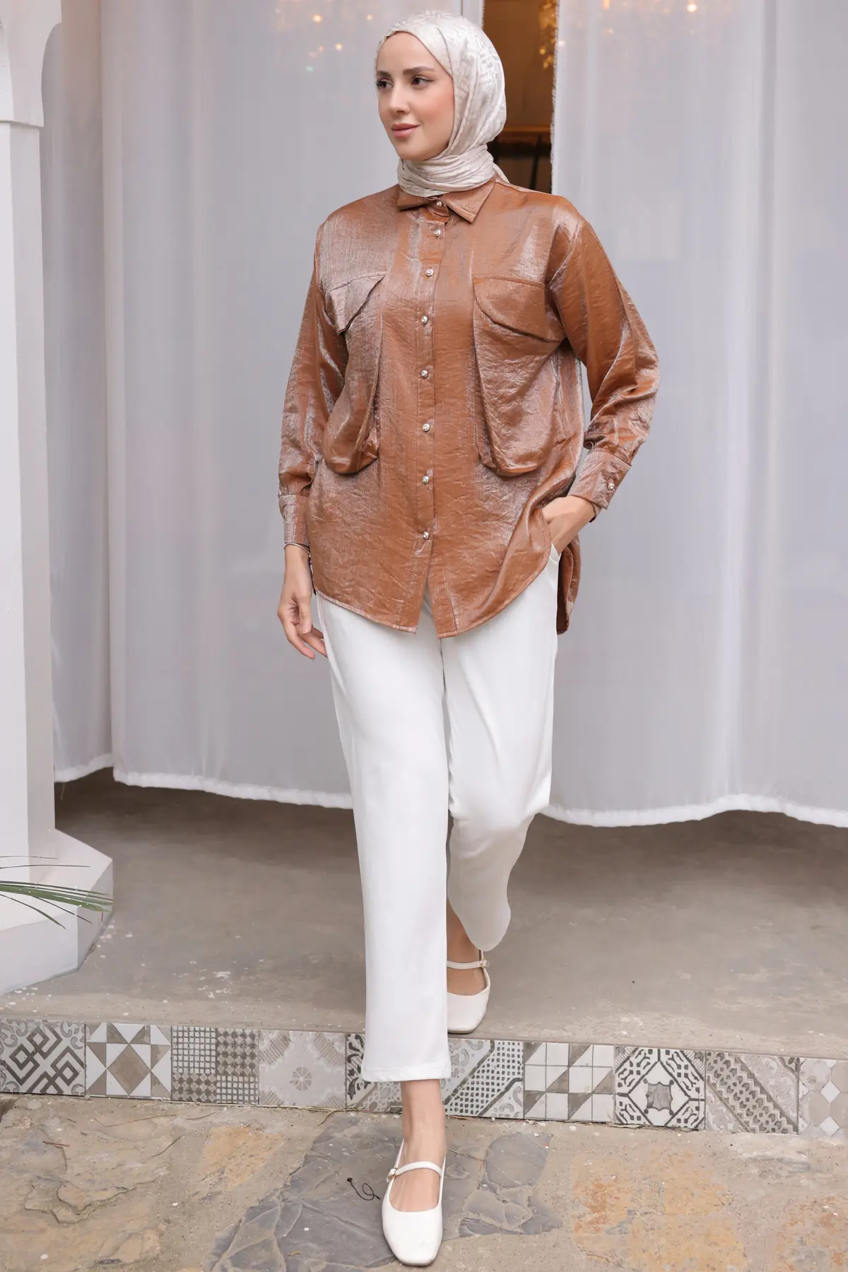 Kadın Büyük Cep Detaylı Gömlek 2081 Taba-detail