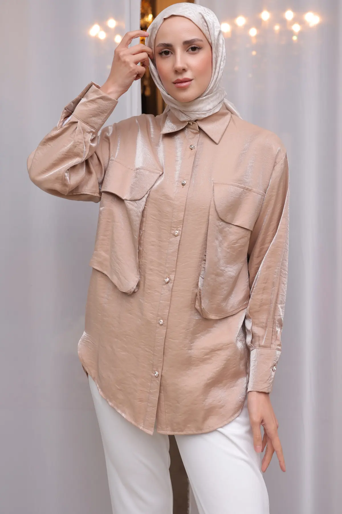 Kadın Büyük Cep Detaylı Gömlek 2081 Vizon-detail