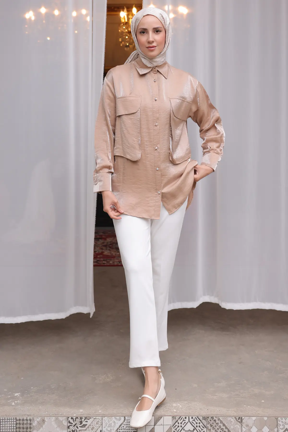 Kadın Büyük Cep Detaylı Gömlek 2081 Vizon-detail