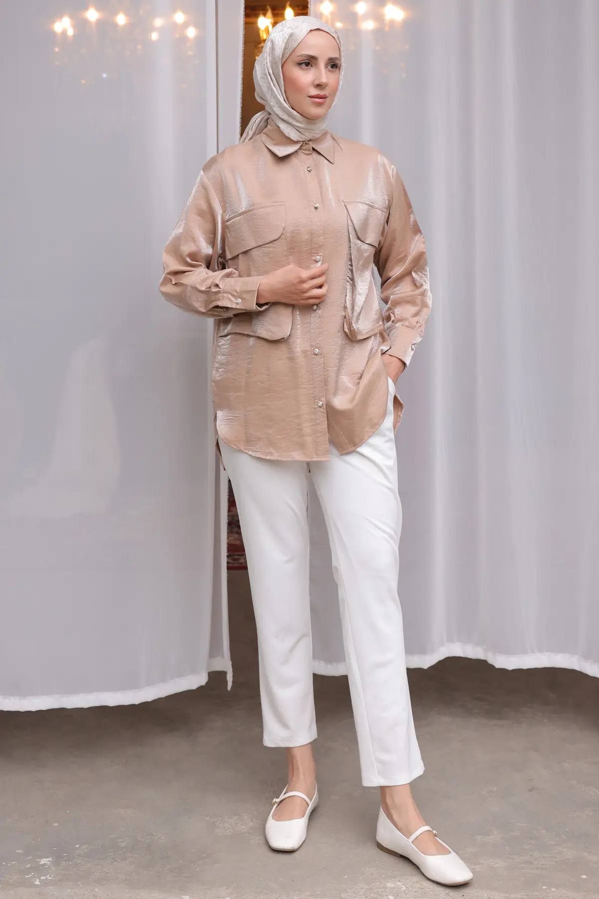 Kadın Büyük Cep Detaylı Gömlek 2081 Vizon-detail