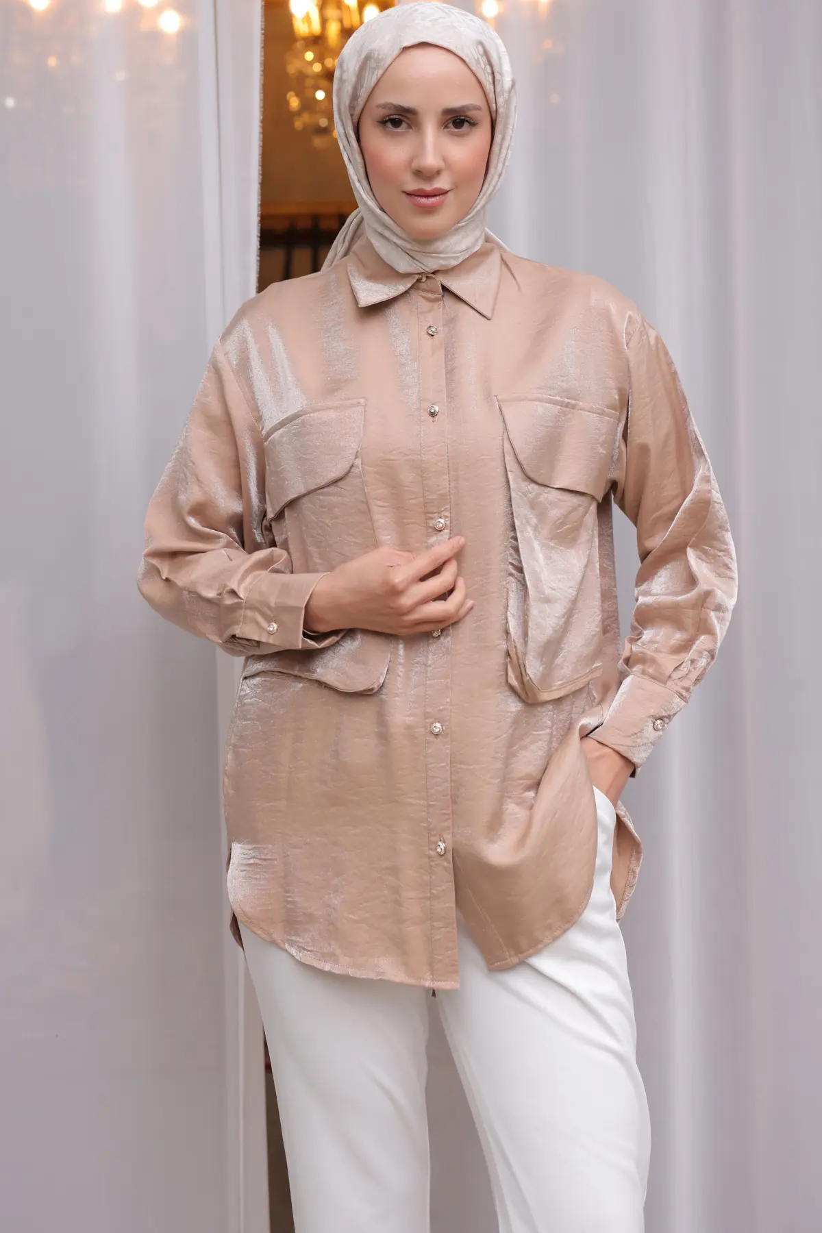 Kadın Büyük Cep Detaylı Gömlek 2081 Vizon-detail