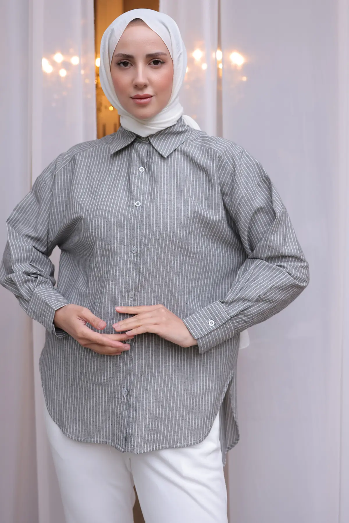 Kadın Çizgili Gömlek 2057 Gri-detail