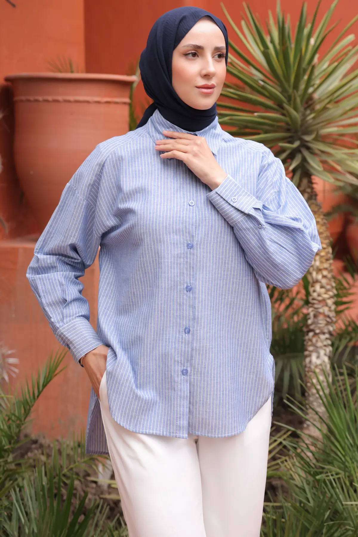 Kadın Çizgili Gömlek 2057 Mavi-detail