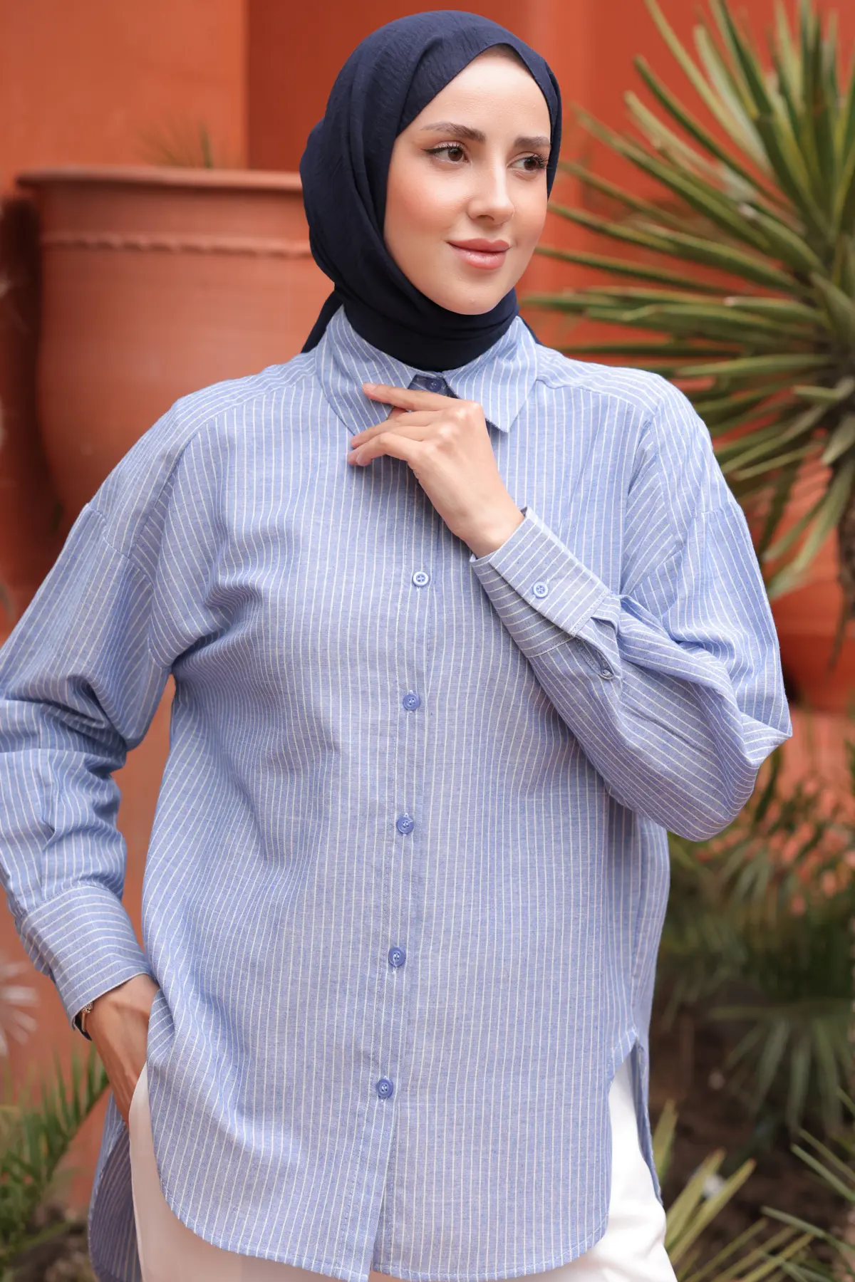 Kadın Çizgili Gömlek 2057 Mavi-detail