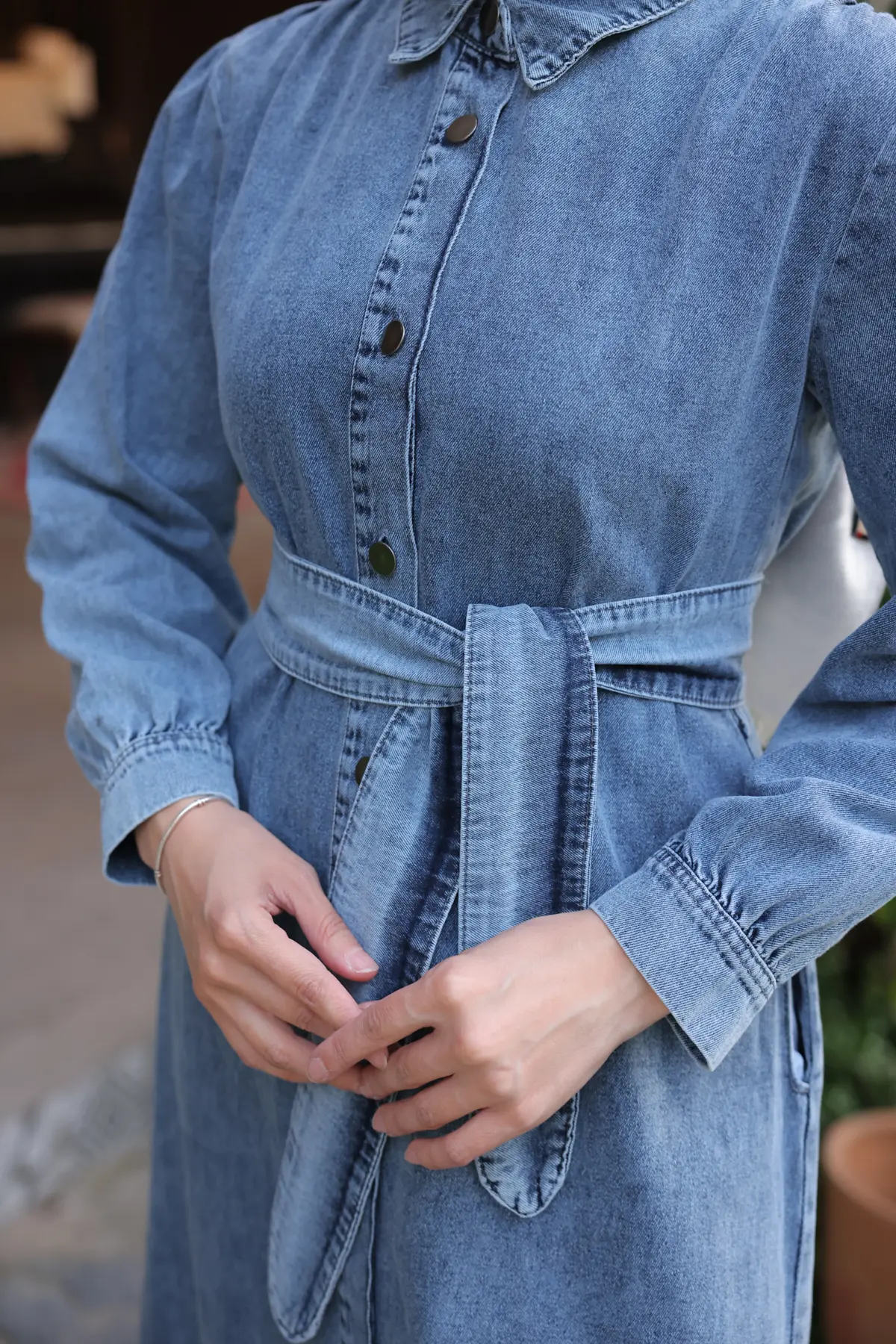 Kadın Düğmeli Tesettür Kot Elbise 6807 Lacivert-detail