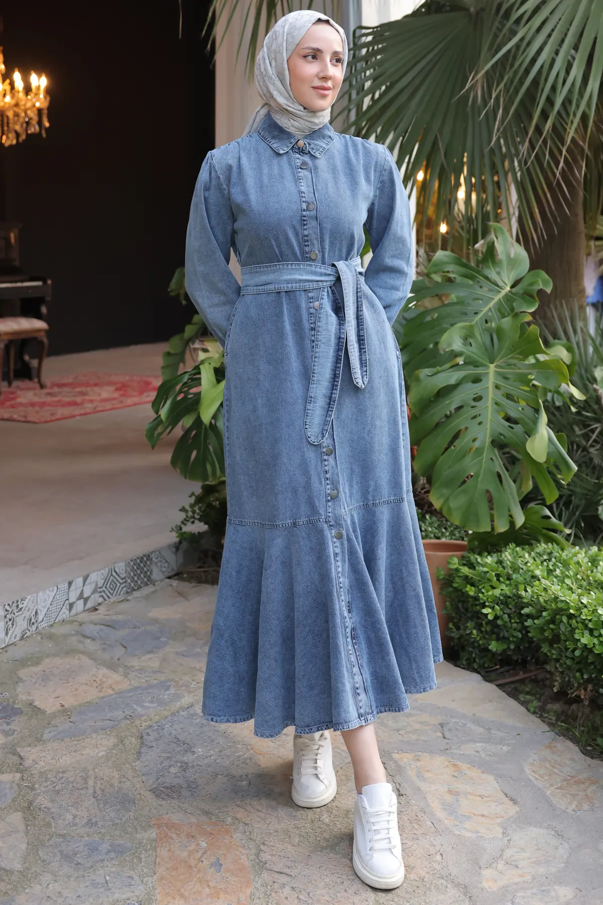 Kadın Düğmeli Tesettür Kot Elbise 6807 Lacivert-detail