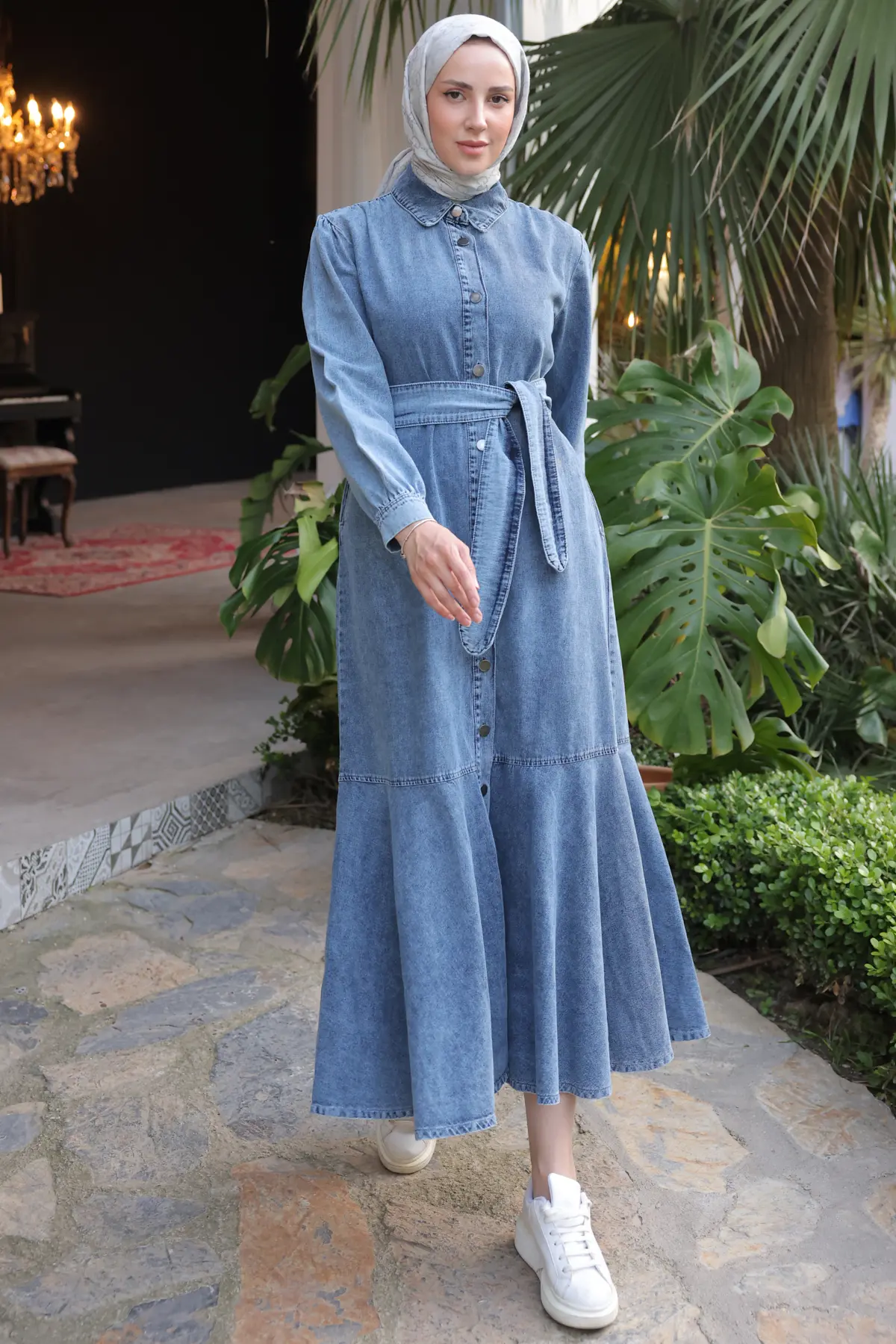 Kadın Düğmeli Tesettür Kot Elbise 6807 Lacivert-detail