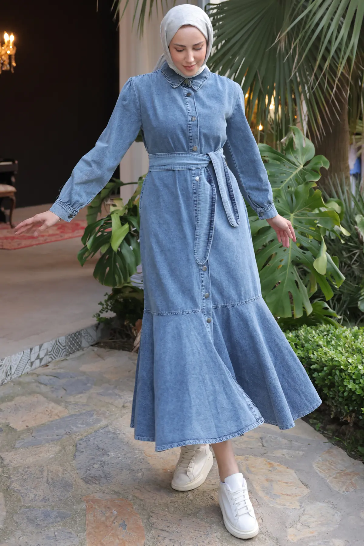 Kadın Düğmeli Tesettür Kot Elbise 6807 Lacivert-detail