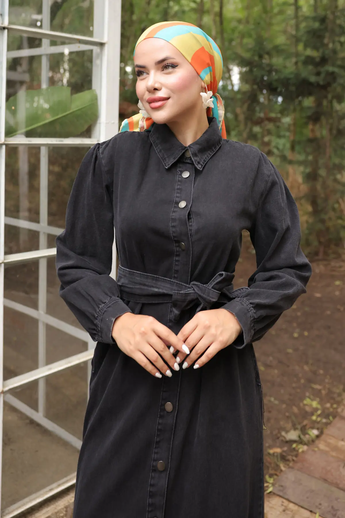 Kadın Düğmeli Tesettür Kot Elbise 6807 Siyah-detail