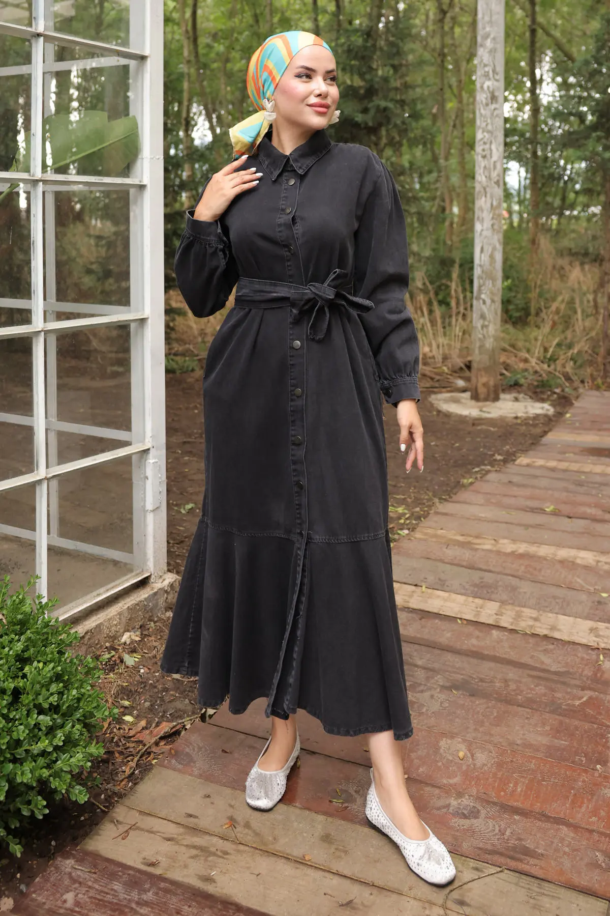 Kadın Düğmeli Tesettür Kot Elbise 6807 Siyah-detail