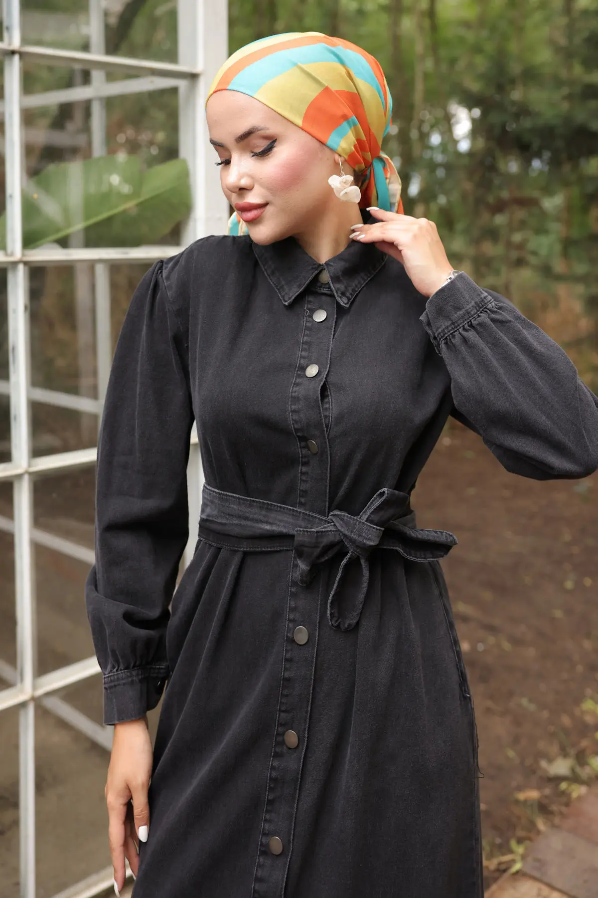 Kadın Düğmeli Tesettür Kot Elbise 6807 Siyah-detail