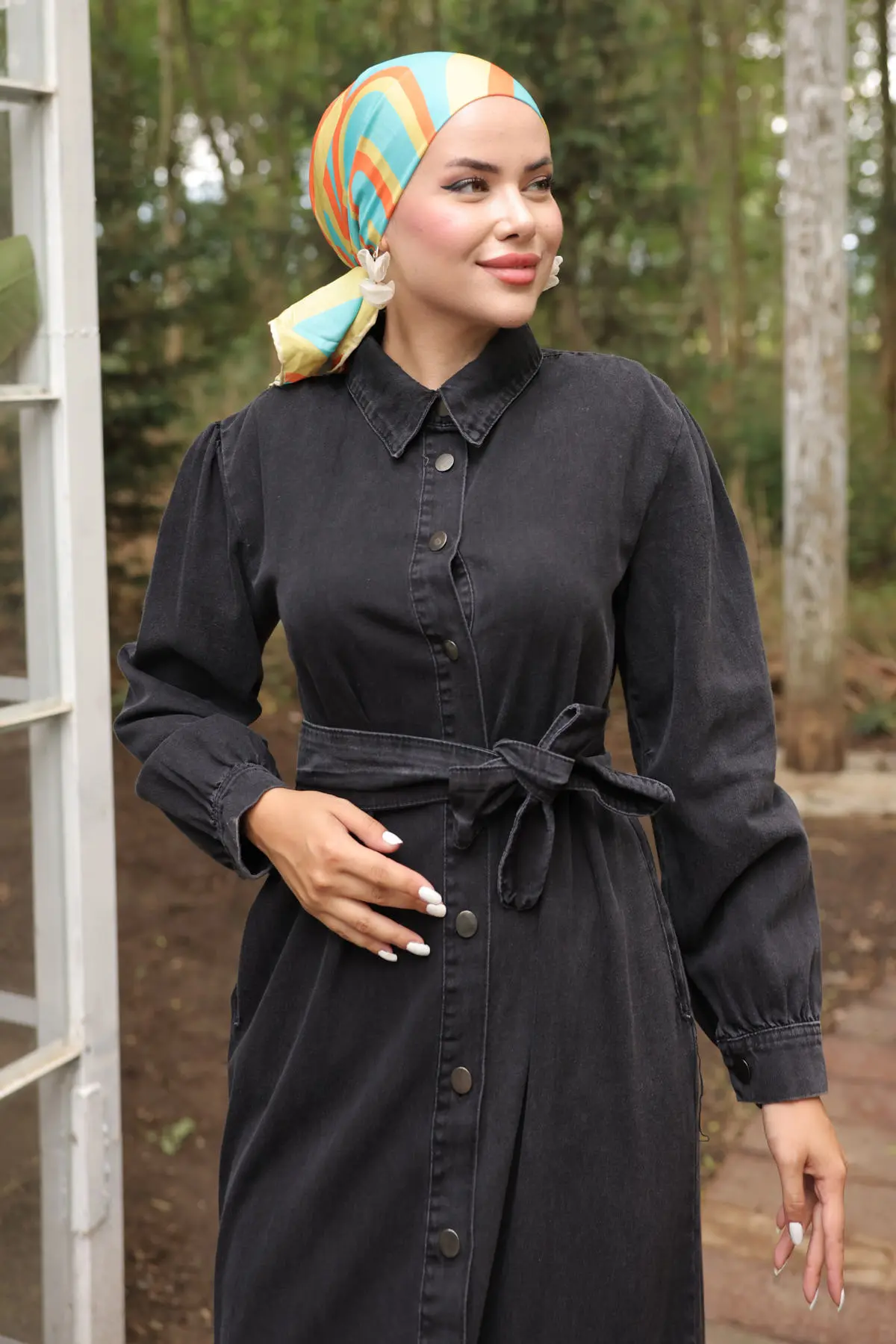 Kadın Düğmeli Tesettür Kot Elbise 6807 Siyah-detail