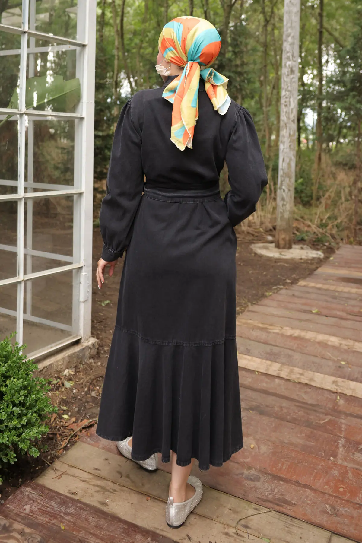 Kadın Düğmeli Tesettür Kot Elbise 6807 Siyah-detail