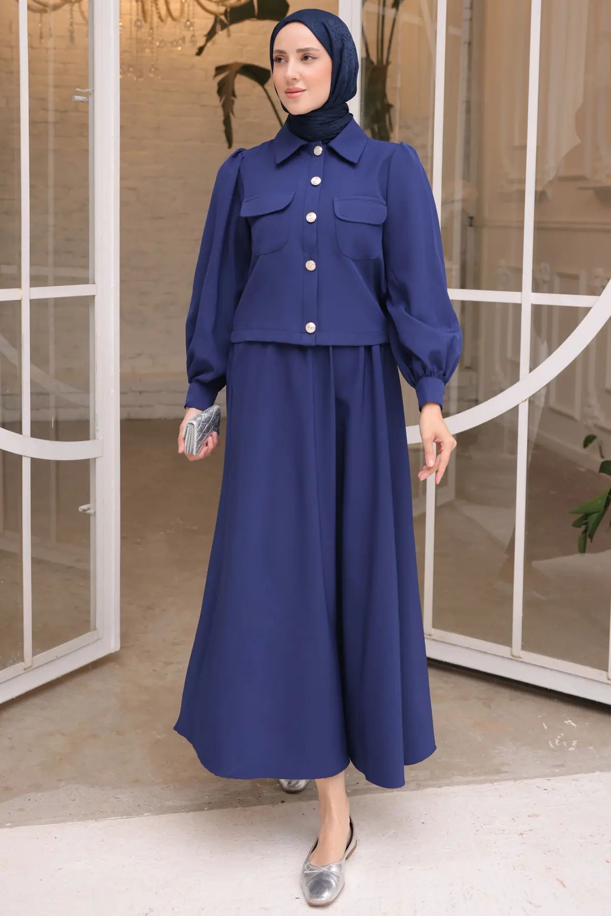 Kadın Etekli Tesettür Takım 2091 Saks Mavisi-detail