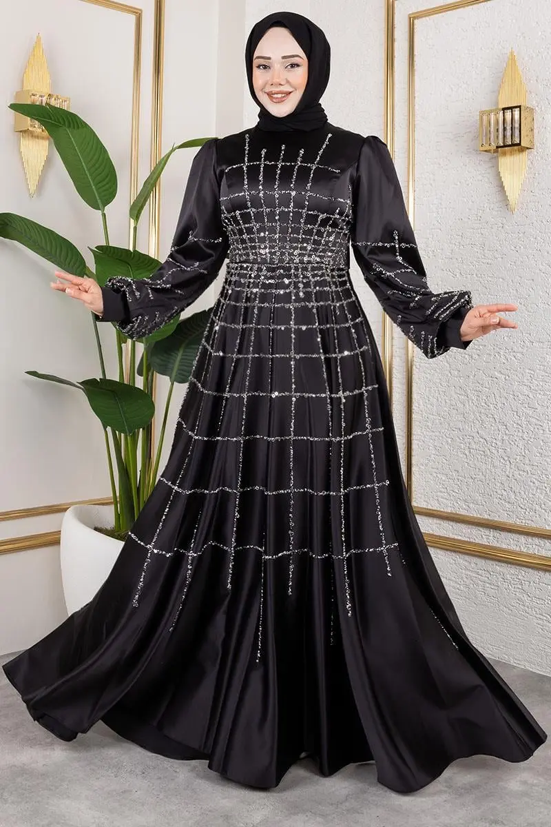 Lattice Model Satin Evening Dress-detail