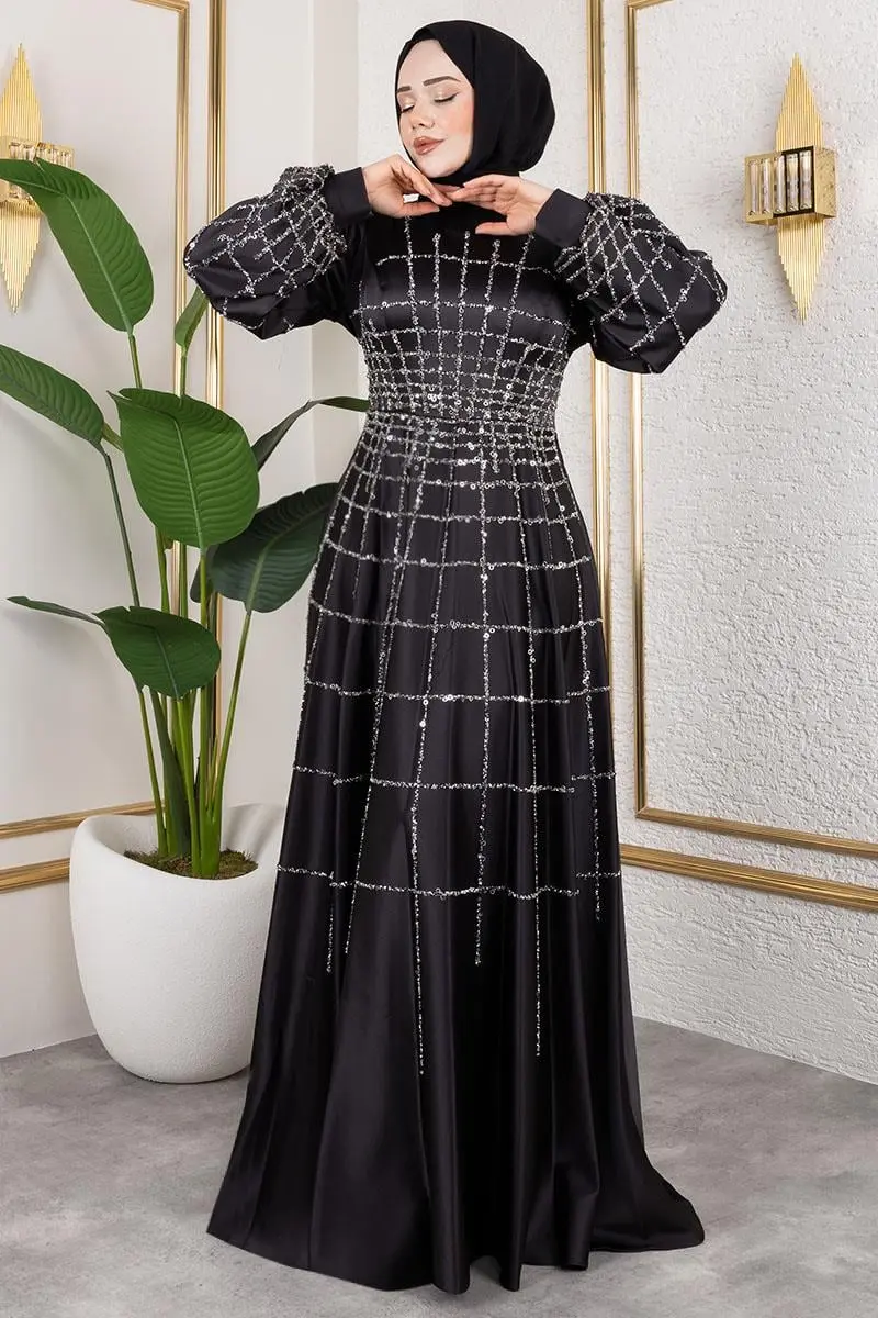 Lattice Model Satin Evening Dress-detail