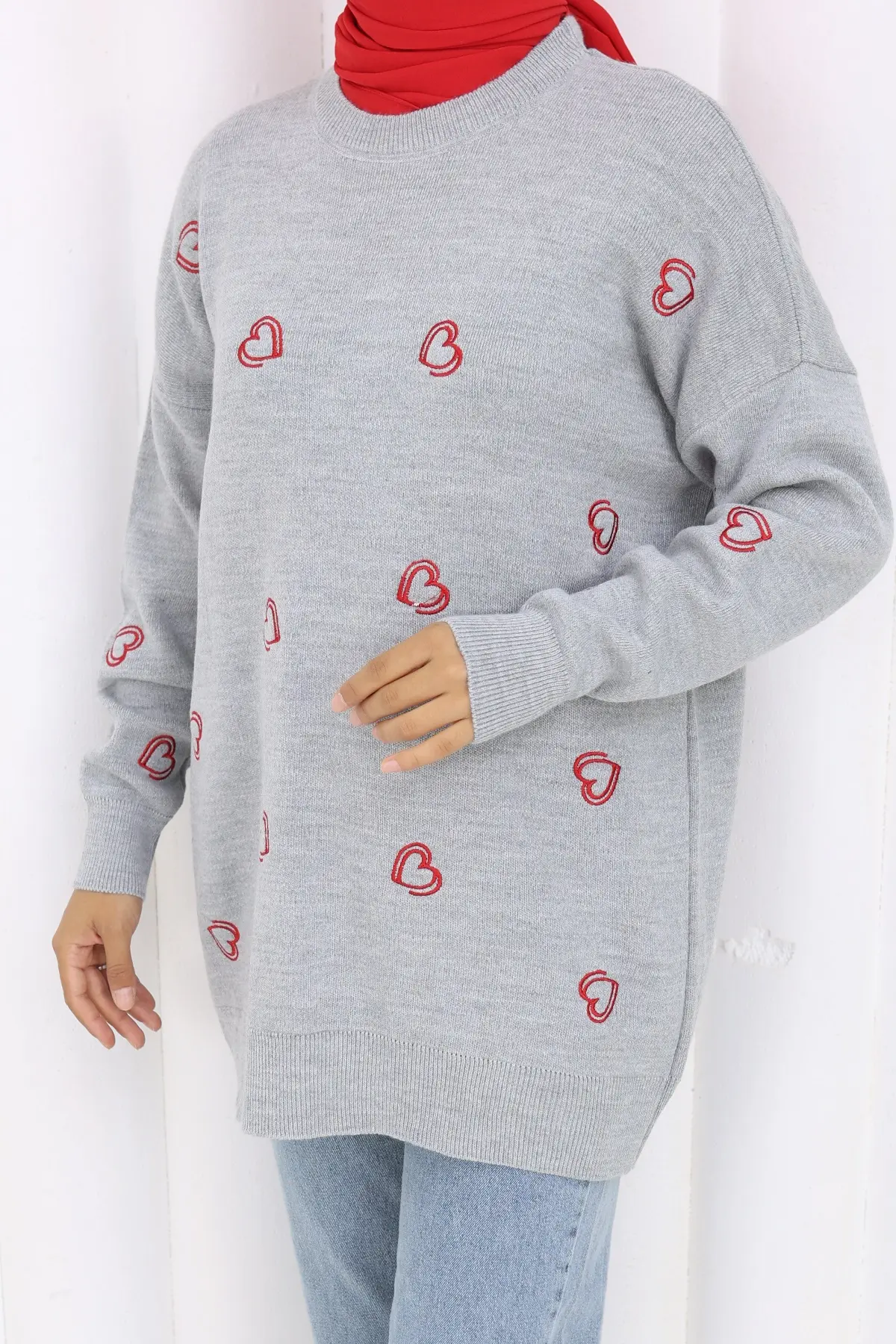 Kalp Nakışlı Triko Kazak N3254 Gri-detail