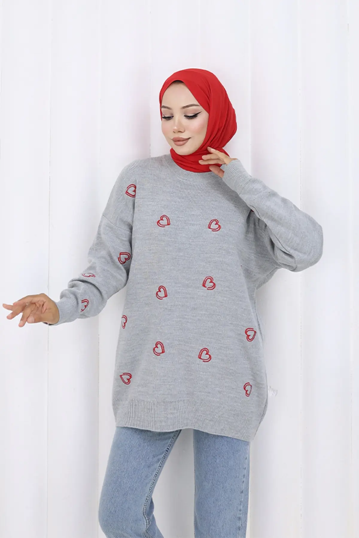 Kalp Nakışlı Triko Kazak N3254 Gri-detail