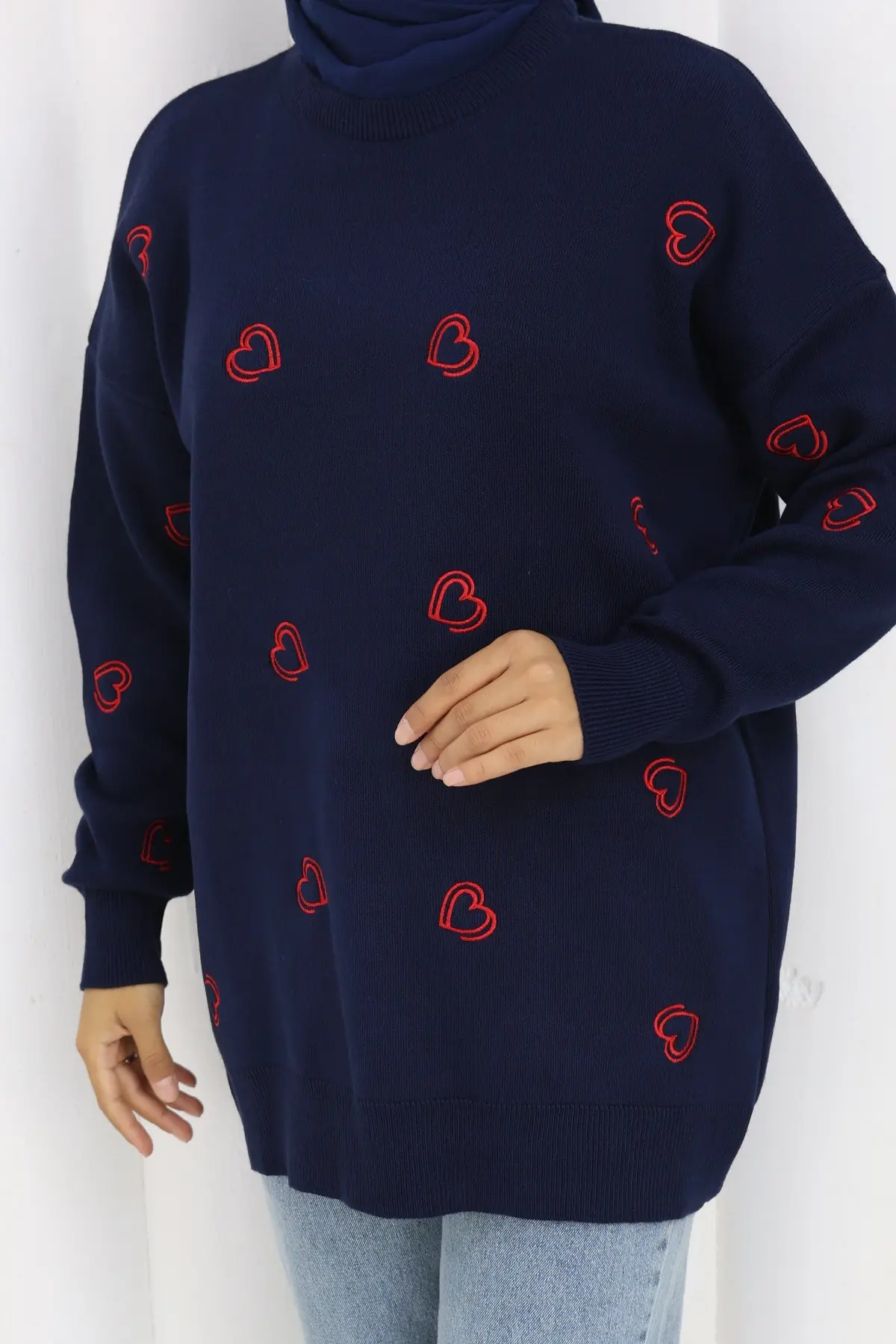 Kalp Nakışlı Triko Kazak N3254 Lacivert-detail