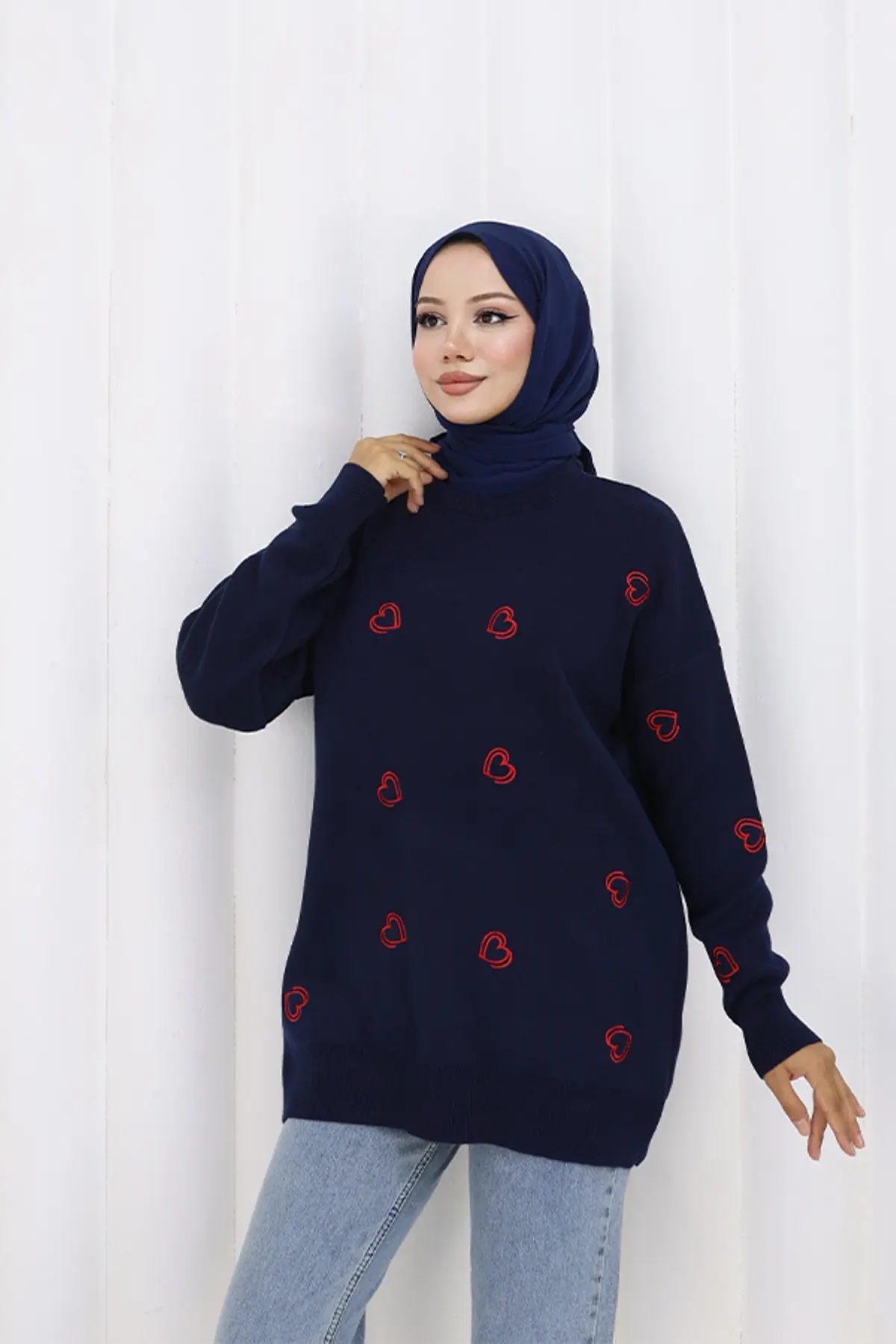 Kalp Nakışlı Triko Kazak N3254 Lacivert-detail