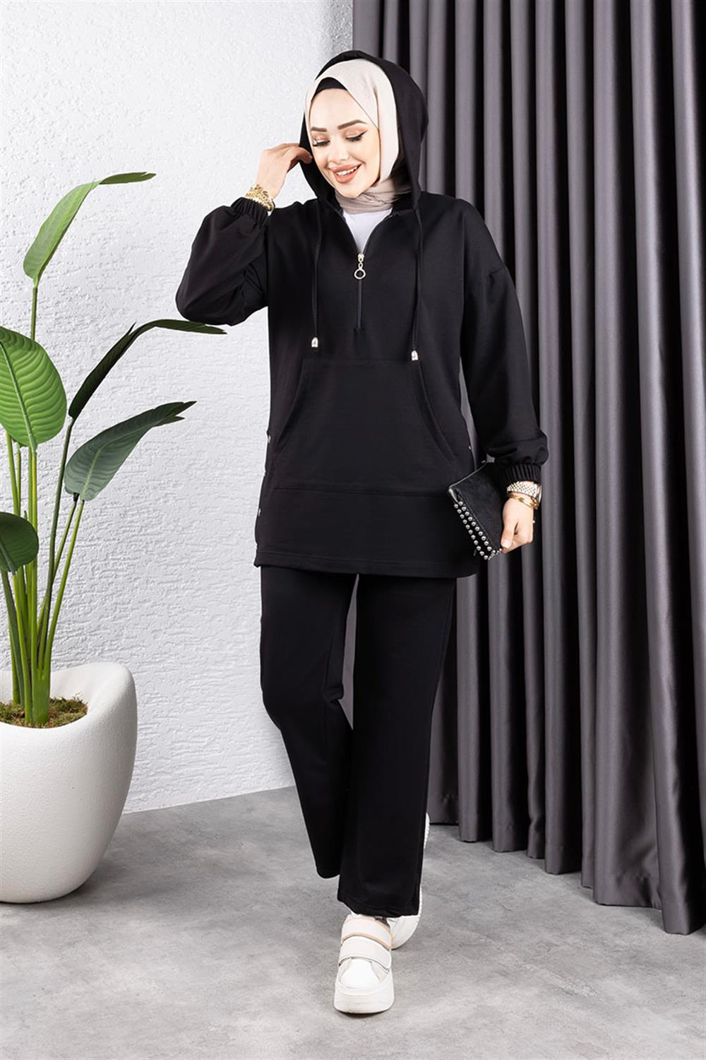 Kangaroo Pocket Snap Fasten Sports Suit Black