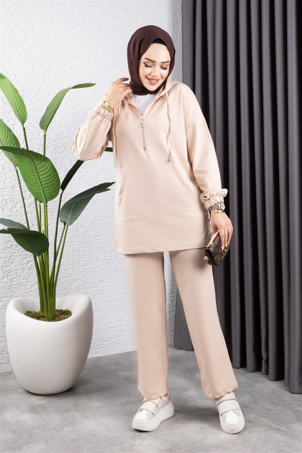 Kangaroo Pocket Snap Fasten Sports Suit Mınk