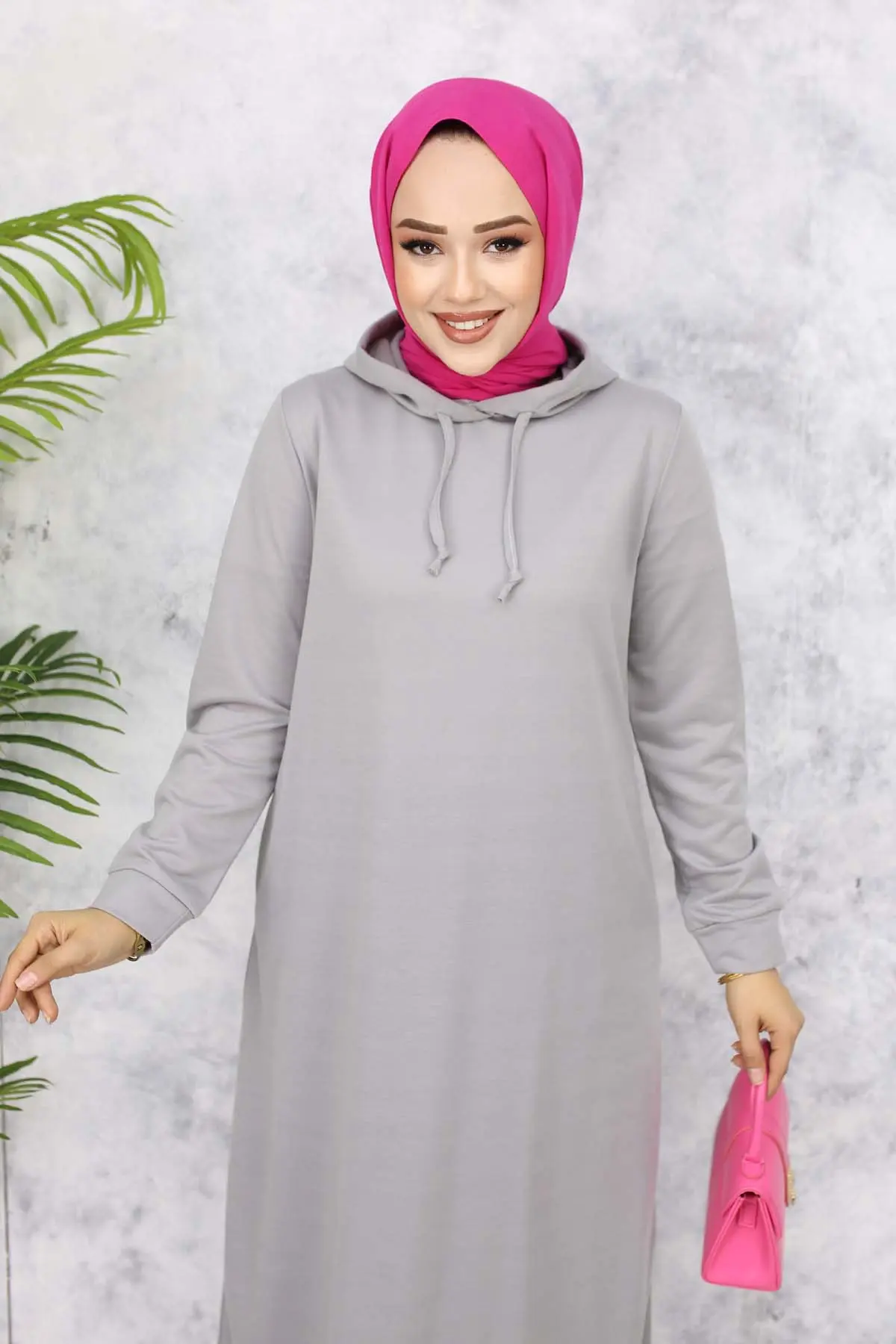 Kapüşonlu Basic Elbise Gri 5042-detail