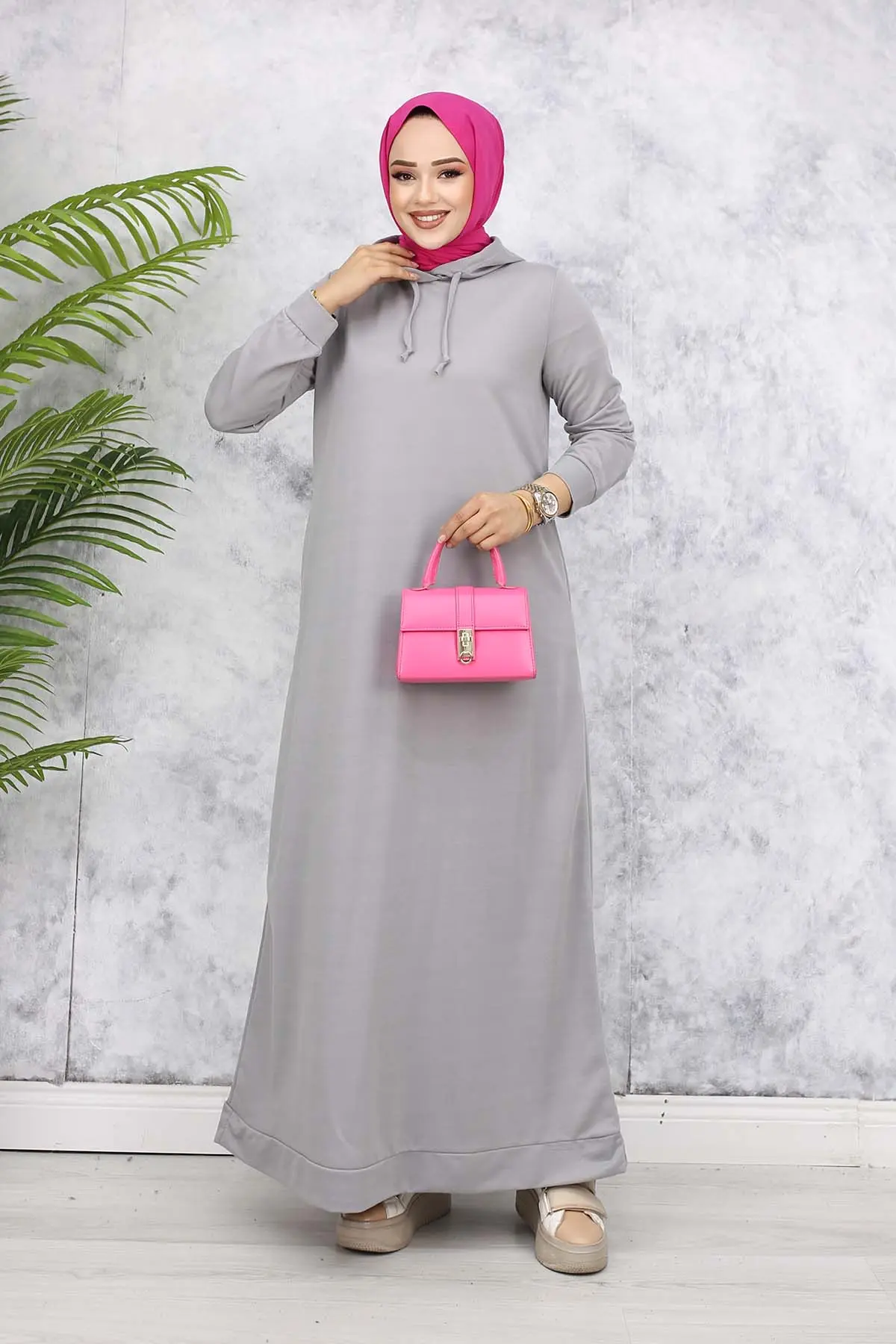 Kapüşonlu Basic Elbise Gri 5042-detail