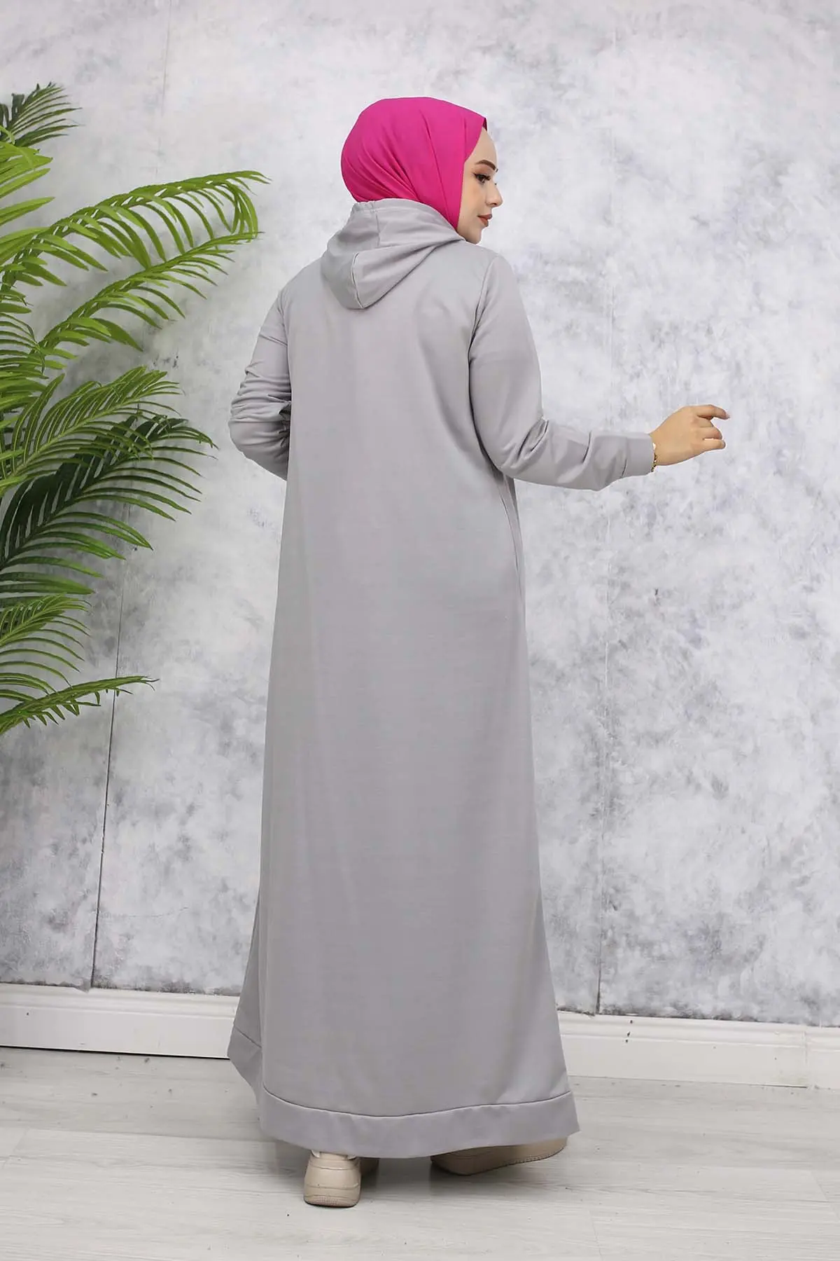 Kapüşonlu Basic Elbise Gri 5042-detail