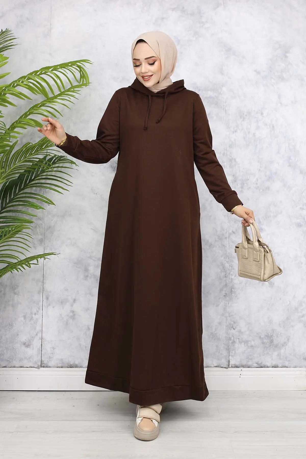 Kapüşonlu Basic Elbise Kahverengi 5042-detail