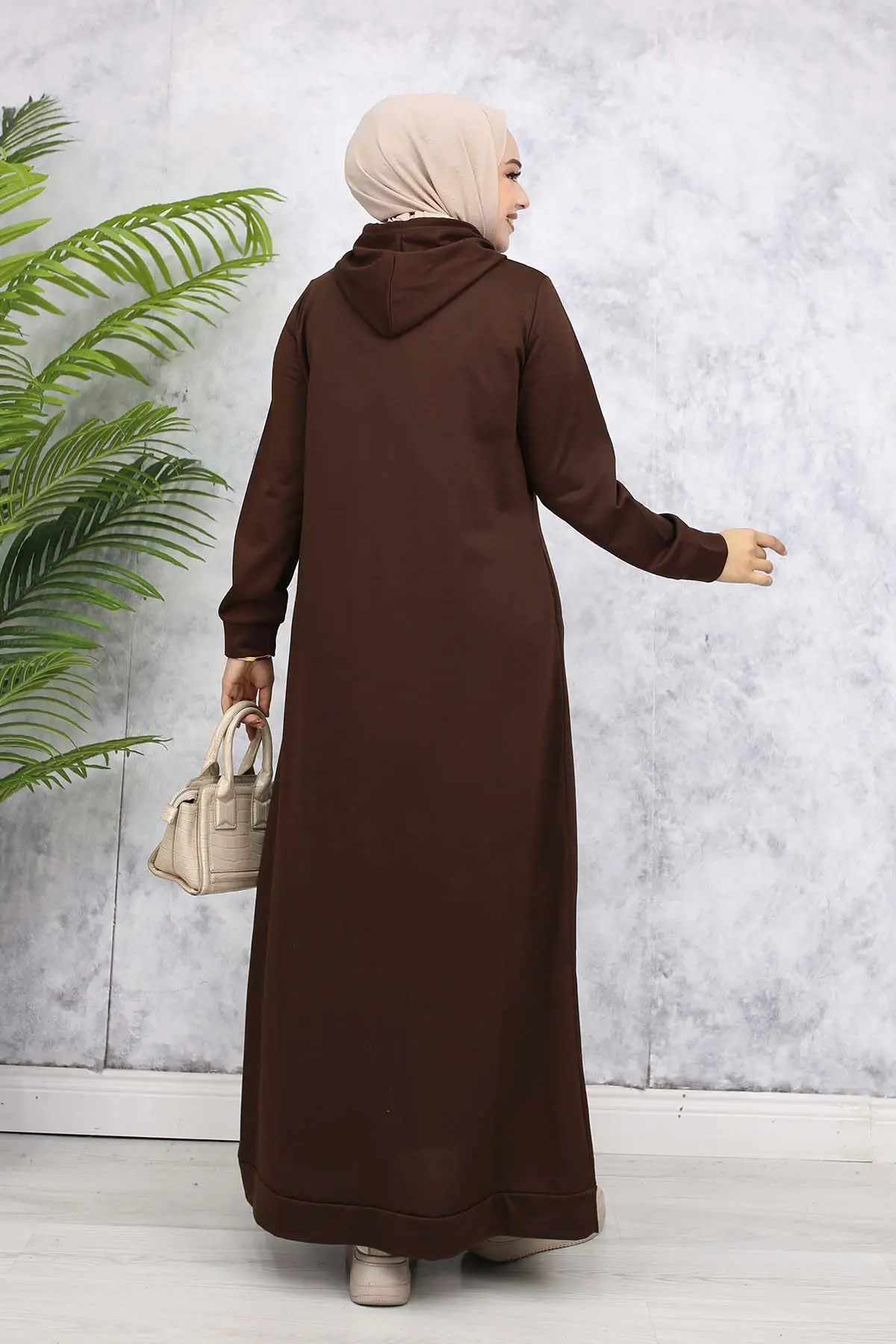 Kapüşonlu Basic Elbise Kahverengi 5042-detail