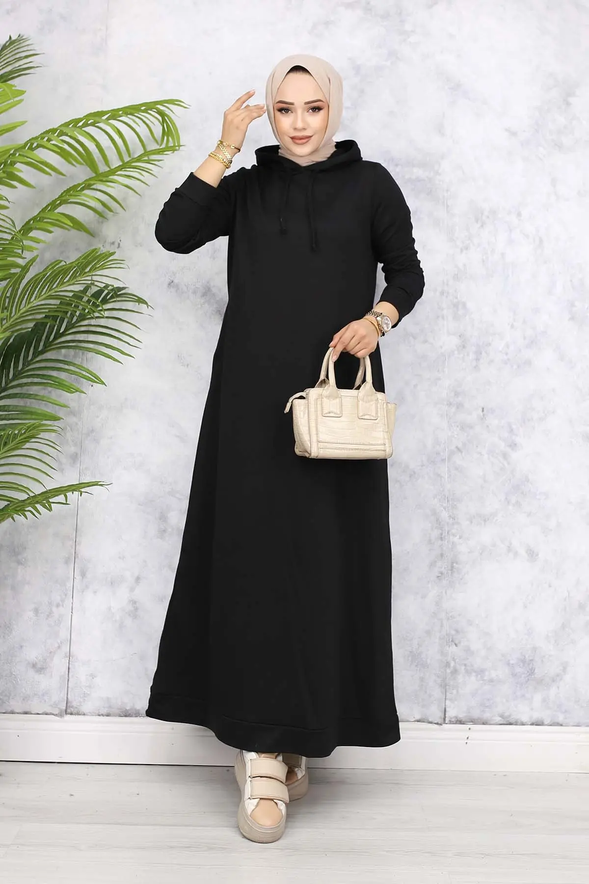 Kapüşonlu Basic Elbise Siyah 5042-detail