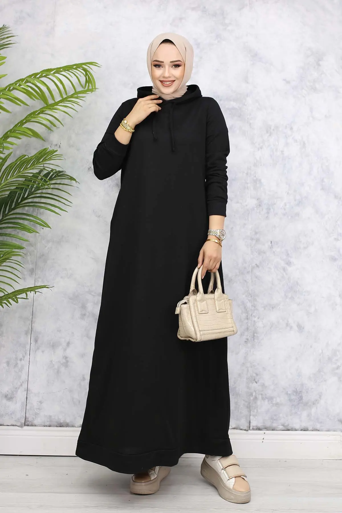 Kapüşonlu Basic Elbise Siyah 5042-detail