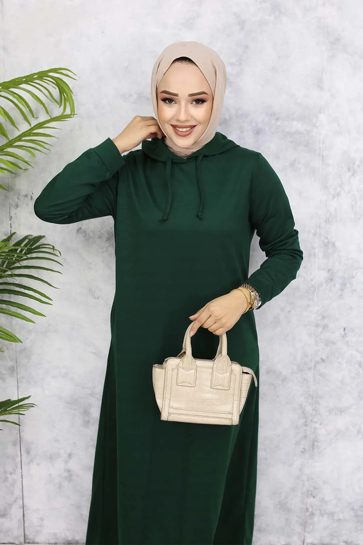 Kapüşonlu Basic Elbise Zümrüt Yeşili 5042-detail