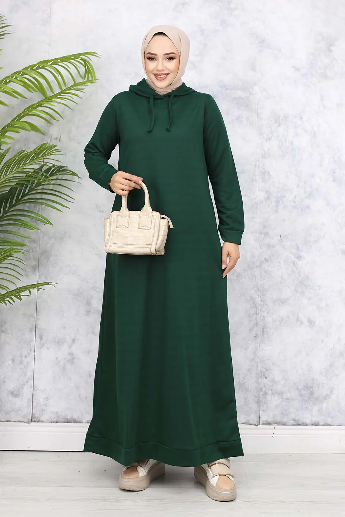 Kapüşonlu Basic Elbise Zümrüt Yeşili 5042-detail