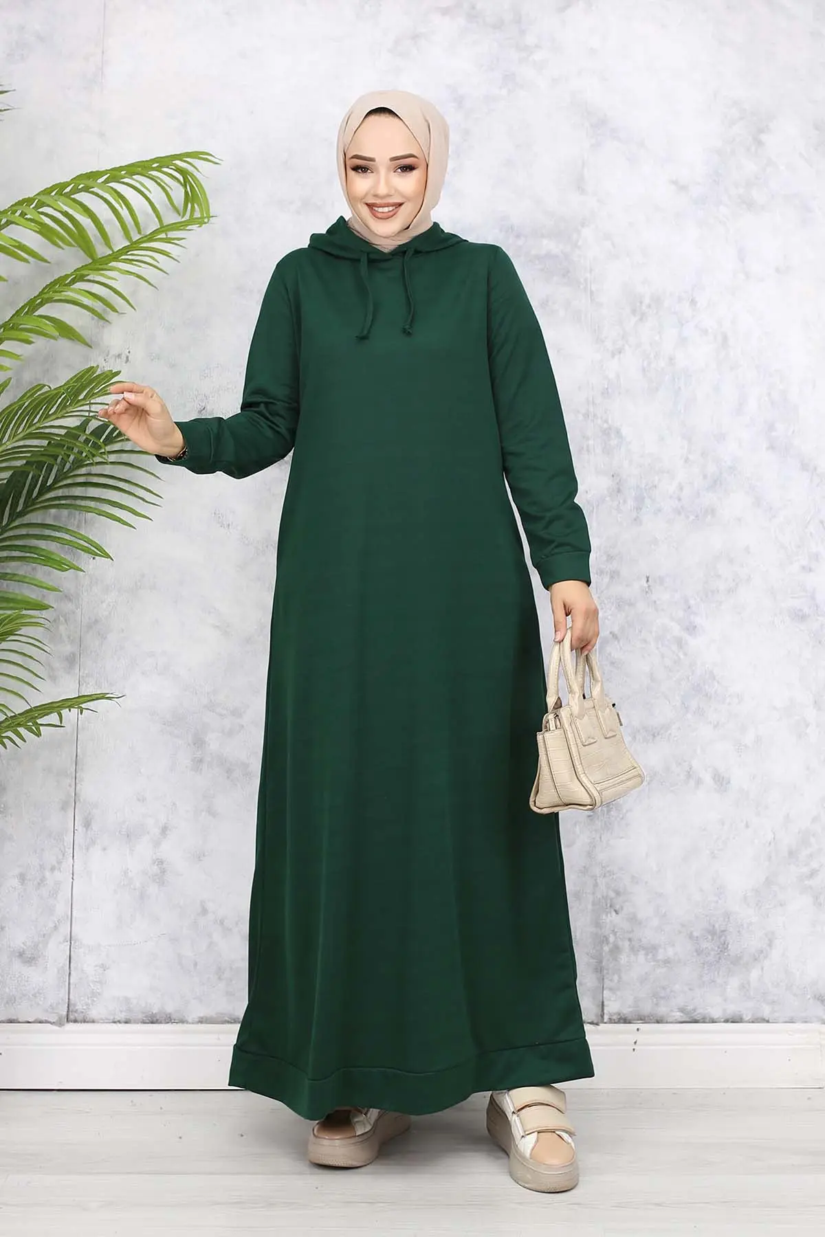 Kapüşonlu Basic Elbise Zümrüt Yeşili 5042-detail