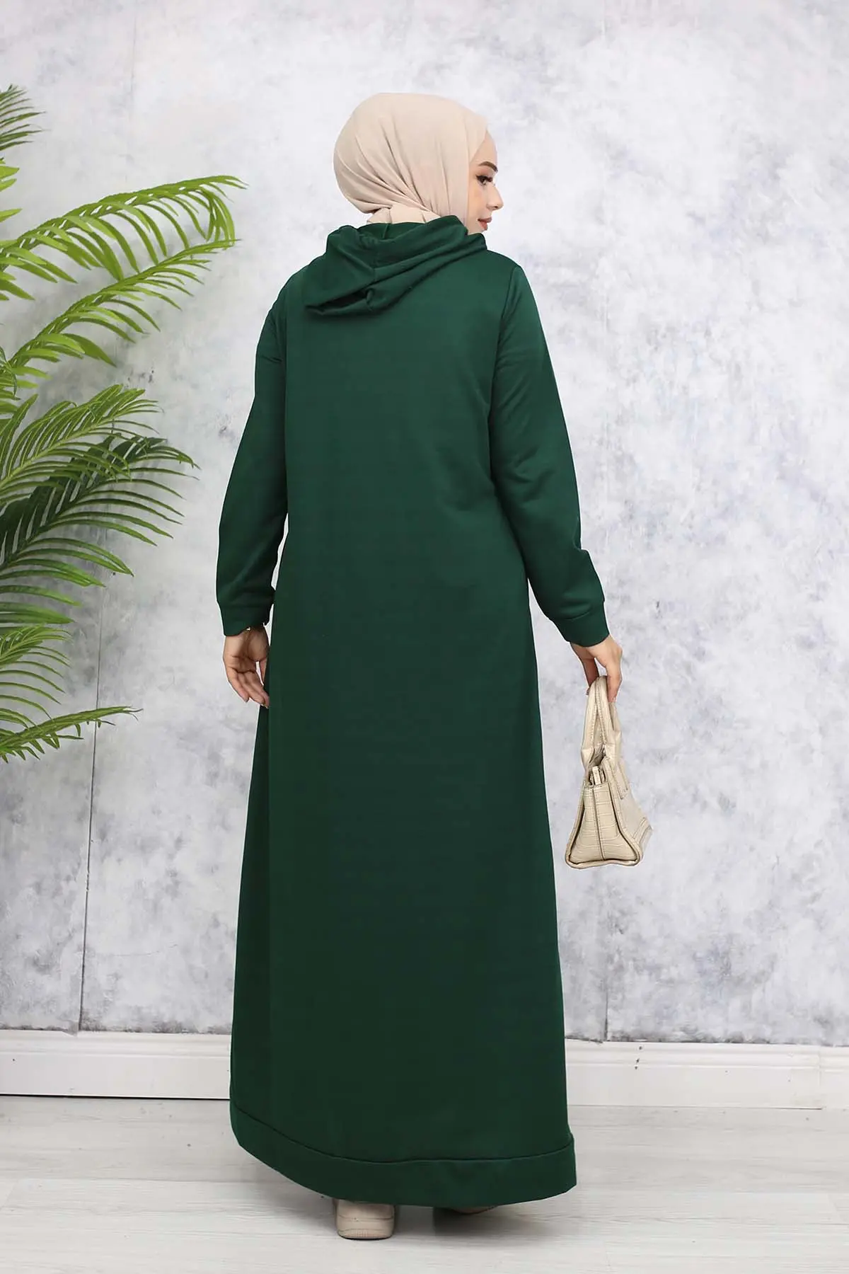 Kapüşonlu Basic Elbise Zümrüt Yeşili 5042-detail