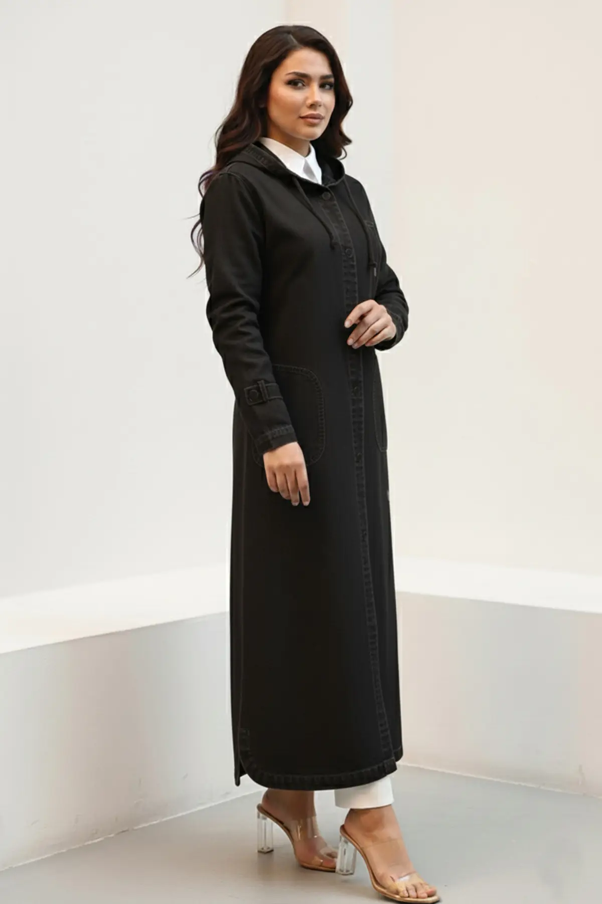 Kapüşonlu Düğmeli Spor Kot Kap O7563-1 Siyah-detail