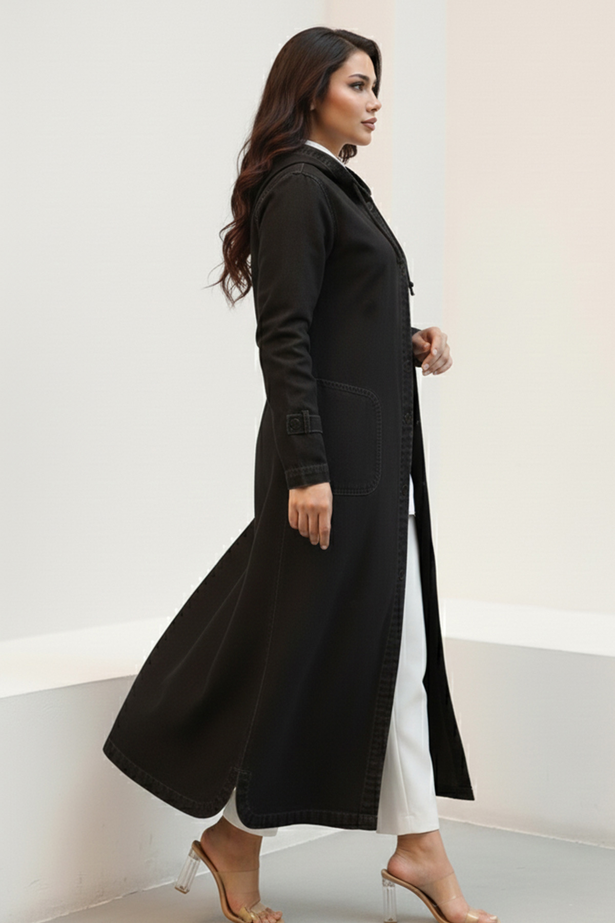 Kapüşonlu Düğmeli Spor Kot Kap O7563-1 Siyah