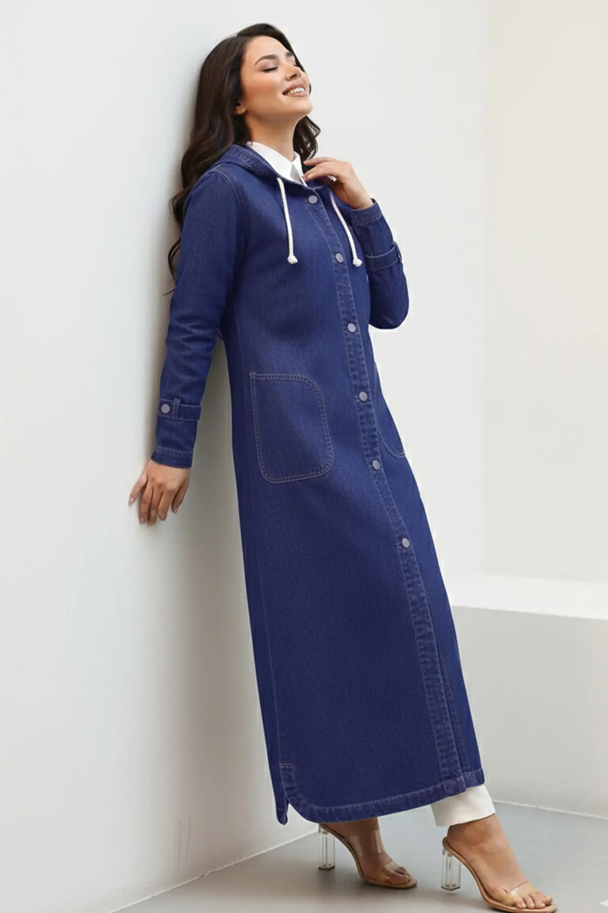 Kapüşonlu Düğmeli Spor Kot Kap-detail