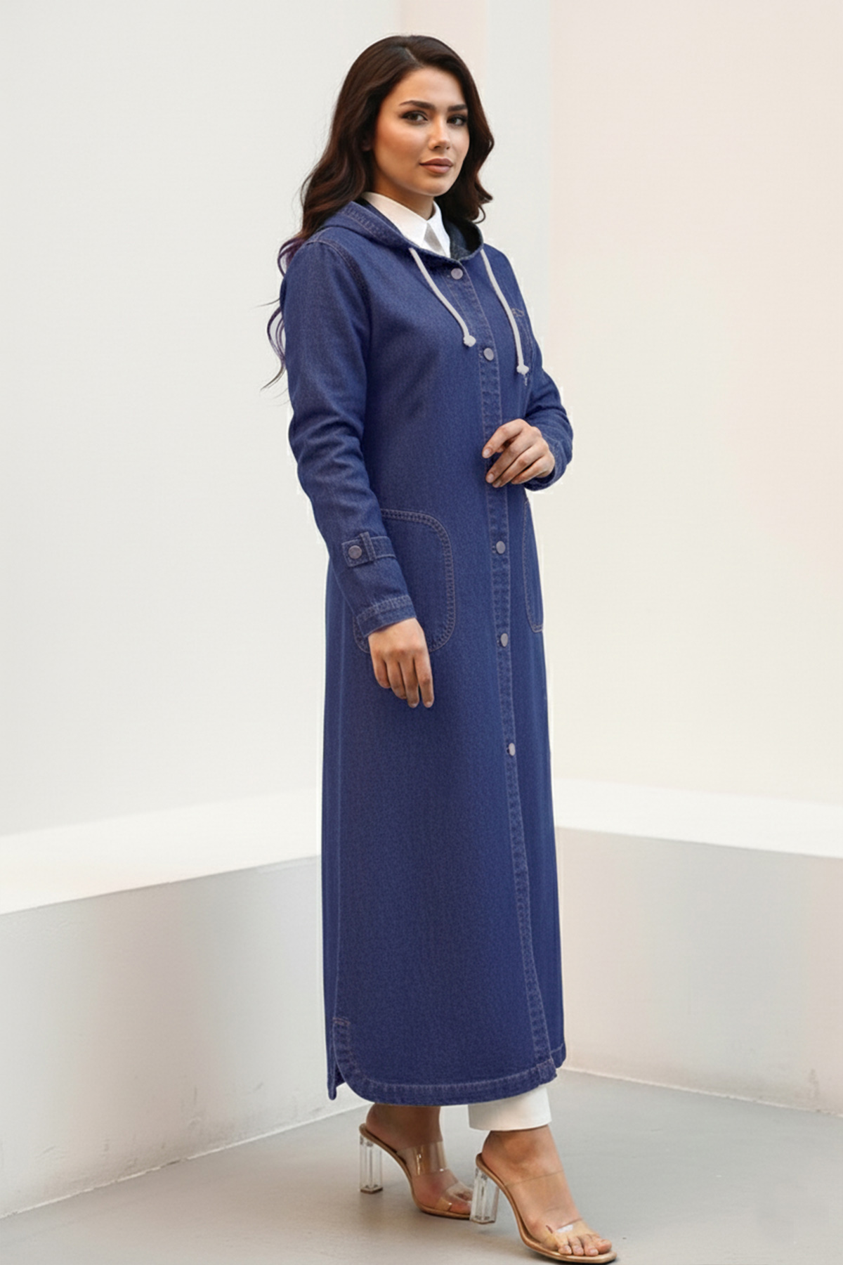 Kapüşonlu Düğmeli Spor Kot Kap